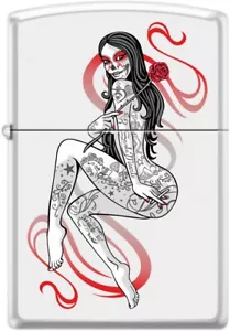 Tattoo Mädchen mit Rose - weiß matt Zippo Feuerzeug - Bild 1 von 3