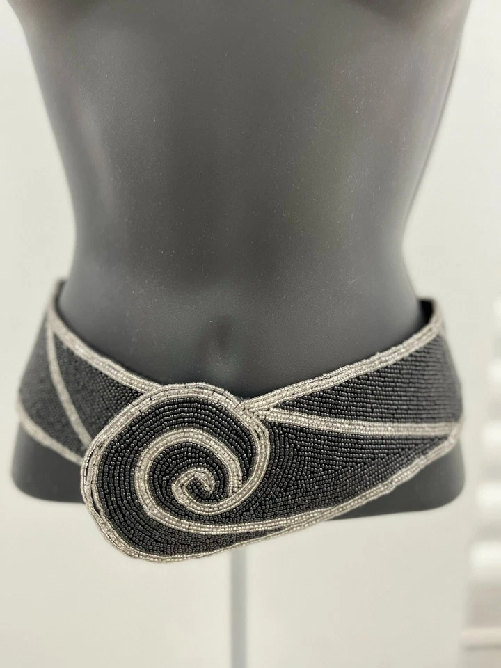 Gorgeous Vintage Art Deco Style Beaded Belt Black & Silver Twirl Design Size S - Image 1 of 1