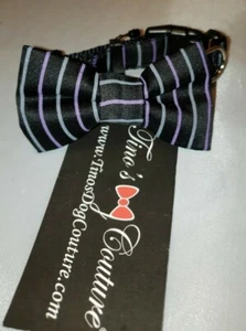 Tinos perro alta costura nuevo collar mascota pajarita negro púrpura gris rayas S formal - Imagen 1 de 6