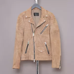 ALL SAINTS Suede Leather Jacket EXTRA LARGE Mens Biker Bomber Beige Tan LEO XL - Picture 1 of 21