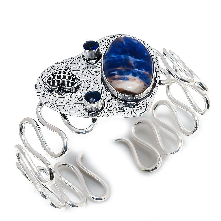 Браслет-манжета из серебра 925 пробы с содалитом и голубым топазом регулируемый R-3927 - Изображение 1 из 1