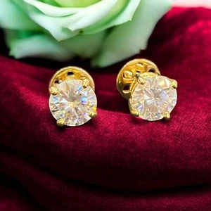 GIA Certified 2 Carats Round Brilliant Diamonds Solitaire Stud Earrings 14K Gold - Picture 1 of 15