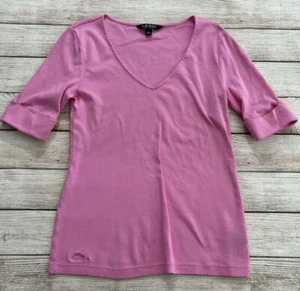 Ralph Lauren Damen Oberteil Rosa Kurzarm V-Ausschnitt Rosa Gr. Small Bündchenärmel - Bild 1 von 4