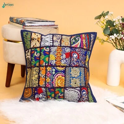 Khambadiya Patchwork Cushion Cover, Embroidered Indian Pillow cover, Sofa Decor - Image 1 of 4