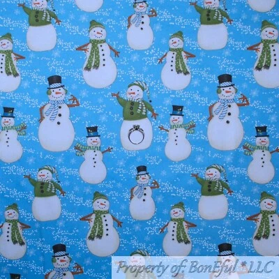 BonEful FABRIC Cotton Flannel Quilt Blue White Snowman Winter Scenic Tree SCRAP - Image 1 of 4