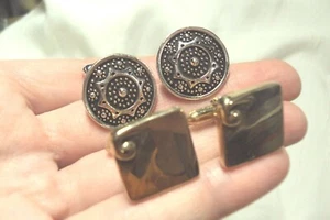 flower gear circle black silver Anson + square gold Swank cufflinks cuff links - Picture 1 of 10