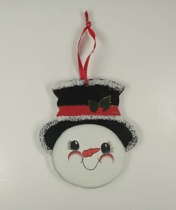 Wooden Top Hat Snowman Head Christmas Ornament w/ Glitter Accents Hanging Ribbon - Picture 1 of 3