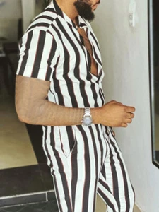 Fashion Men Sets Streetwear Lapel Short Sleeve Shirt Long Pants Two Pieces Sets - Picture 1 of 13