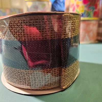 1 Roll Simply/Winter Tan Burlap with Blue Jean Center Wired Ribbon - Image 1 of 2