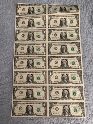 Uncut Sheet of 16 US $1 Dollar Bills   - Image 1 of 4