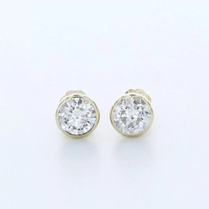 14K Gold Stud Earrings Bezel Set Classic 1.83 Carat Round Natural Diamond F SI1 - Picture 1 of 9