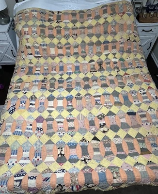 Vintage Hand Sewn Feed Sack Quilt Quilted Bow tie Chain Apple Core - Image 1 of 4