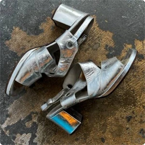 Vintage 60s | Rare MOD Space Age Disco Metallic Silver Platforms Heels | 8.5 - Picture 1 of 5