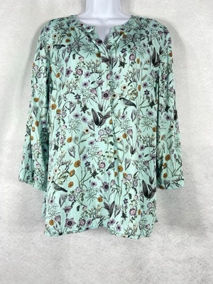 J. Jill Top Women’s XL Blue Popover Satin V-Neck Bird Prints 3/4 Sleeve - Image 1 of 4