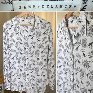 Camisa Jane And Delancey Para Mujer L Abotonada Hi Lo Estampado Jirafa Blanca Pestaña Enrollable - Imagen 1 de 7