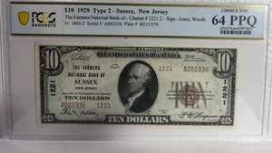 1929 $10 FARMERS NATIONAL BANK NOTE CURRENCY SUSSEX NEW JERSEY PCGS 64 PPQ CH CU - Picture 1 of 4