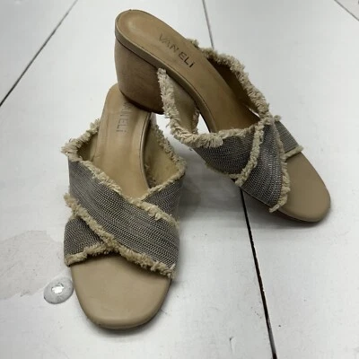 VANELi 中性米色条纹装饰肩带粗跟露趾女式 7.5 码 — 第 1/4 张图片