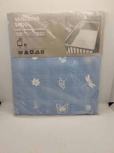 NEW IKEA Crib Duvet Quilt Cover 2pc set Kids Vandring Skog Cot Blue White
