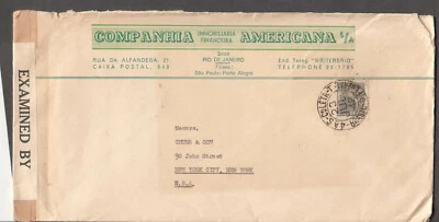 Brazil 1942 WWII examined by 8408 censor cover Companhia Americana Coleta to NY - Image 1 of 2