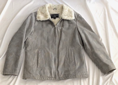 Chaqueta WINLIT New York Mujer Sherpa Forrada Gris Brillante Cuero Cremallera Talla L Foto 1 de 4