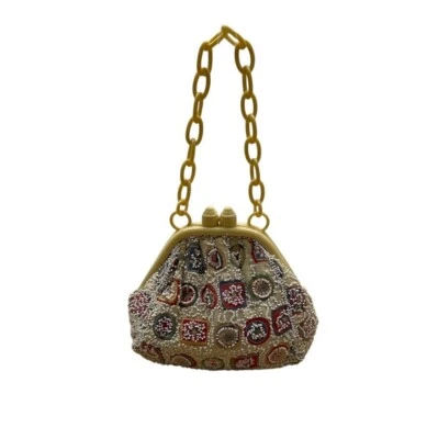 复古 Charlet 串珠米色塑料链条手柄和花卉设计手提包 尺寸 S — 第 1/4 张图片