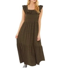 Brave Soul Maxikleid Sommer Kleid Rüschchen Dunkelkhaki lang maxi L - Bild 1 von 8