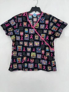 Scrub HQ Top Womens Color Black Owl Print Short Sleeves V Neck Size Tag Faded - Picture 1 of 4