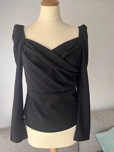 Black Crossover Wrap Long Sleeved Top with Puff Shoulders in Size L / 12 - Picture 1 of 9