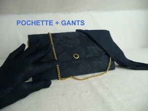 vintage* POCHETTE soirée + gants (parure) bleu marine tissus  dentell*NEUF*