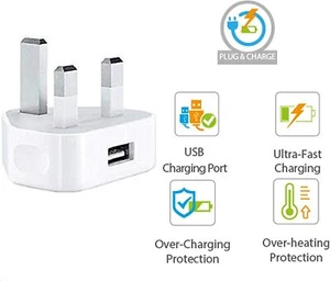 Pack OF 2 USB 3 Pin UK Mains Wall Plug Adapter 1 Port  [CE Certified- plug] - Picture 1 of 3