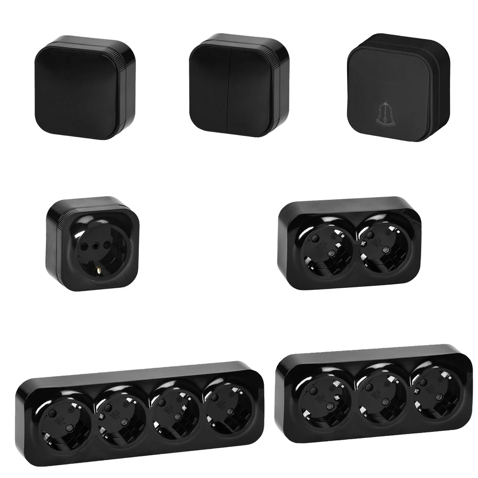 HANDELSAGENTUR HOME4LIVING Aufputz Steckdosen Lichtschalter Schwarz Klingelschalter Schuko Schalter 230V