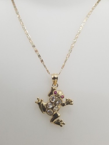 Ciondolo vero oro giallo 14 kt zirconi occhio rosso rana saltante + catena Valentino 20"