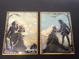 Reverse Silhouette Bubble Convex Glass Paintings Vintage Couple Mountains 8x6 - Picture 1 of 15