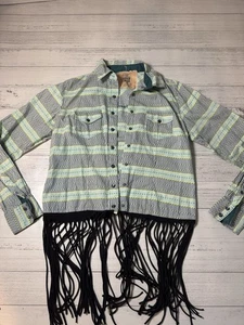 Franela a presión Timber June Western Pearl demasiado funky casera flecos verde azulado talla pequeña - Imagen 1 de 9