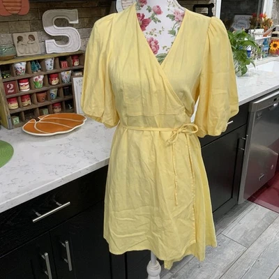 Old Navy Womens Size Small Linen Blend Wrap Dress Puff Sleeve Yellow New - Image 1 of 4