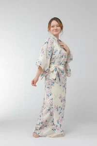 Kimono giapponese Yukata donna bianco fiori di ciliegio accappatoio cotone made in Japan - Foto 1 di 12