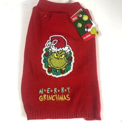 Dr. Seuss The Grinch "M.E.R.R.Y GRINCHMAS" Red Dog Pet Sweater Apparel NEW w/ Ta - Image 1 of 3