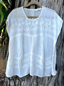 Lucky Brand NWT Women's Ivory 100% Cotton Short Slv Peasant Boho Med - Picture 1 of 6