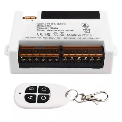White 4-Channel Wireless Relay Remote Control Switch Receiver 433Mhz RF 10A - Image 1 of 4