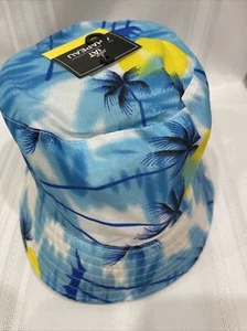 Palm Tree Print Bucket Hat Blue Cap 100 % Polyester - Picture 1 of 8