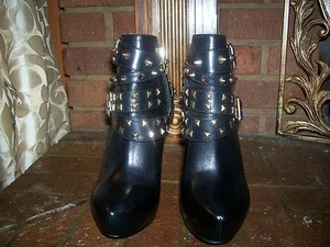BCBG BG-ASPEN BLACK FLAT ANKLE BOOTS WITH GOLD STUDS SIZE 5 1/2M NEW - Picture 1 of 5