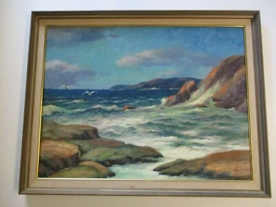 GEORGE JENSEN LARGE VINTAGE COAST BEACH PAINTING LANDSCAPE SEA IMPRESSIONIST - Image 1 of 4