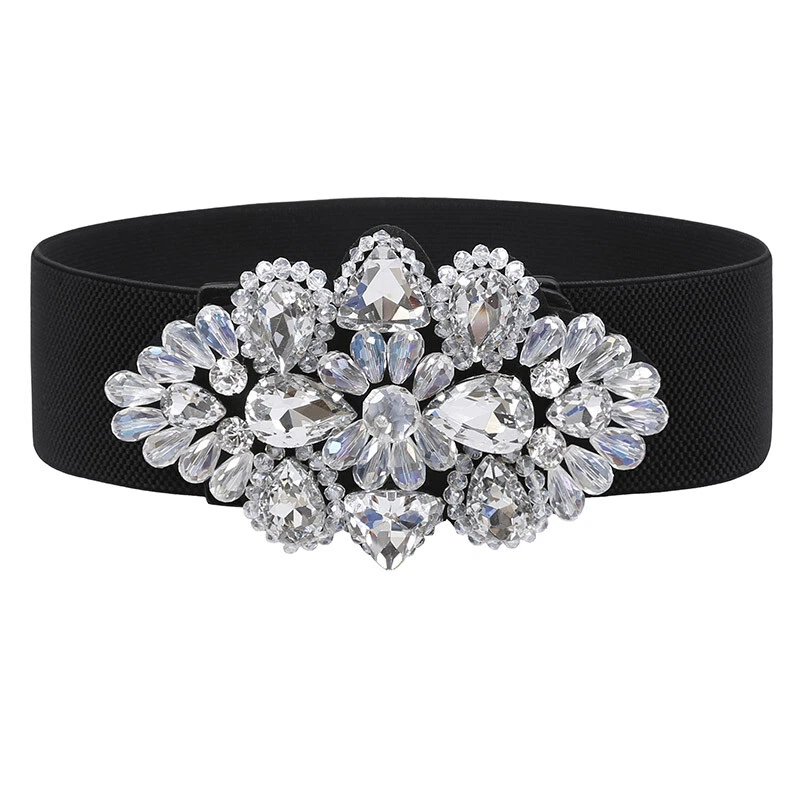 Women Rhinestone Crystal Stretch Wide Waist Belt Accessory for Dress Decor - Image 1 of 4