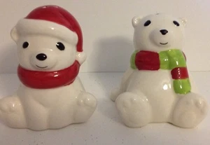 2 CERAMIC HOLIDAY POLAR BEAR SALT AND PEPPER SHAKERS CHRISTMAS SCARF SANTA HAT - Picture 1 of 4