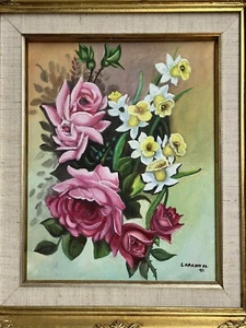 Dipinto olio su tela. Rose. Cornice Fredrix firmata Lafawn H 11" x 13" - Foto 1 di 7