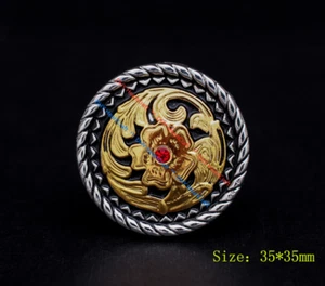 6pc 1-3/8" Western Cowboy Gold Flower Rope Silver Red Crystal HandCraft Conchos - Picture 1 of 10
