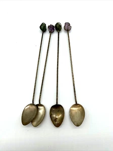 Set 4 cucchiaini da cocktail vintage placcati argento con pietre preziose - Foto 1 di 8