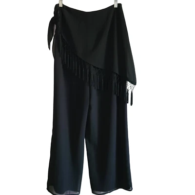 DAWN JOY Negro Pierna Ancha Palazzo Pantalones Adjuntos Flecos Cintura Bufanda Para Mujer 12 Foto 1 de 4
