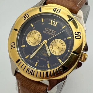 Vintage Guess Quartz Watch Men Moon Phase Dual Tone Rotating Bezel New Battery - Picture 1 of 6