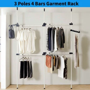 4 Pole Telescopic Movable Clothes Hanging Rail Garment Rack Organizer Heavy Duty - Picture 1 of 12